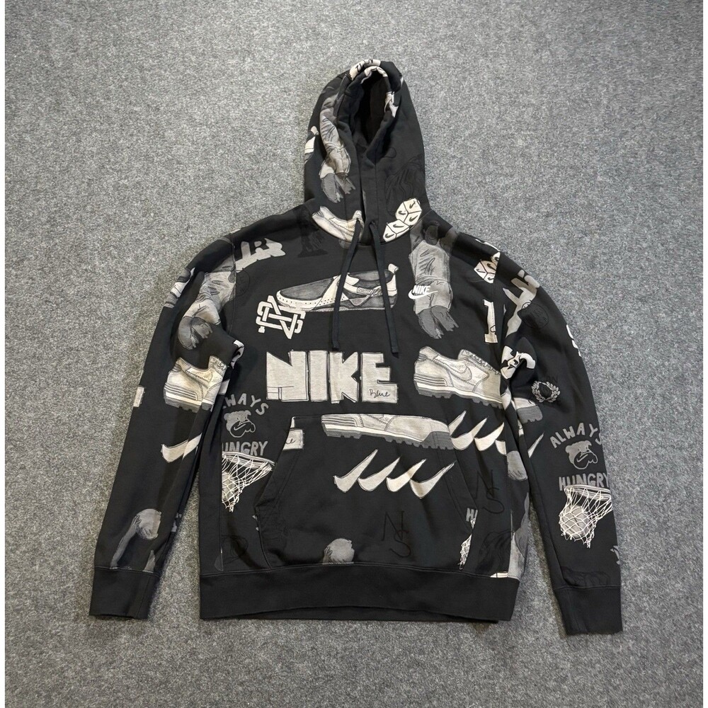 Nike Hoodie Mens Medium Club Fleece Graphic Print Logo Pullover Sweatshirt